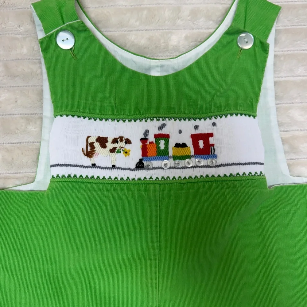 Anvy Kids: Boys Smocked Green Jon Jon, Cows and Train, Size 4T